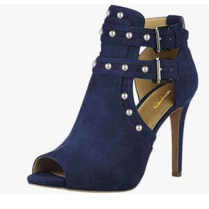 XYD Navy Studs Peep Toe High Heel Pump Buckled Double Straps Cutout Ankle Bootie